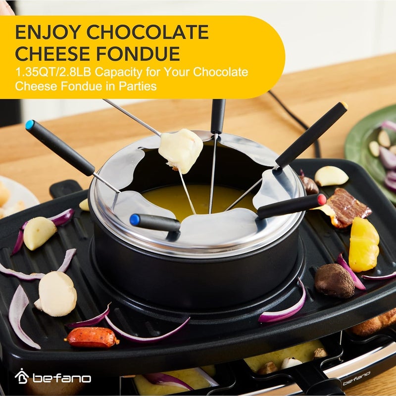 Befano Electric Raclette BBQ Grill with Fondue Pot Sets, Portable Korean Table Grill Electric Indoor Cheese Raclette, Dual Adjustable Thermostats, 8 People Serve Perfect for Parties and Family Fun - Image 2